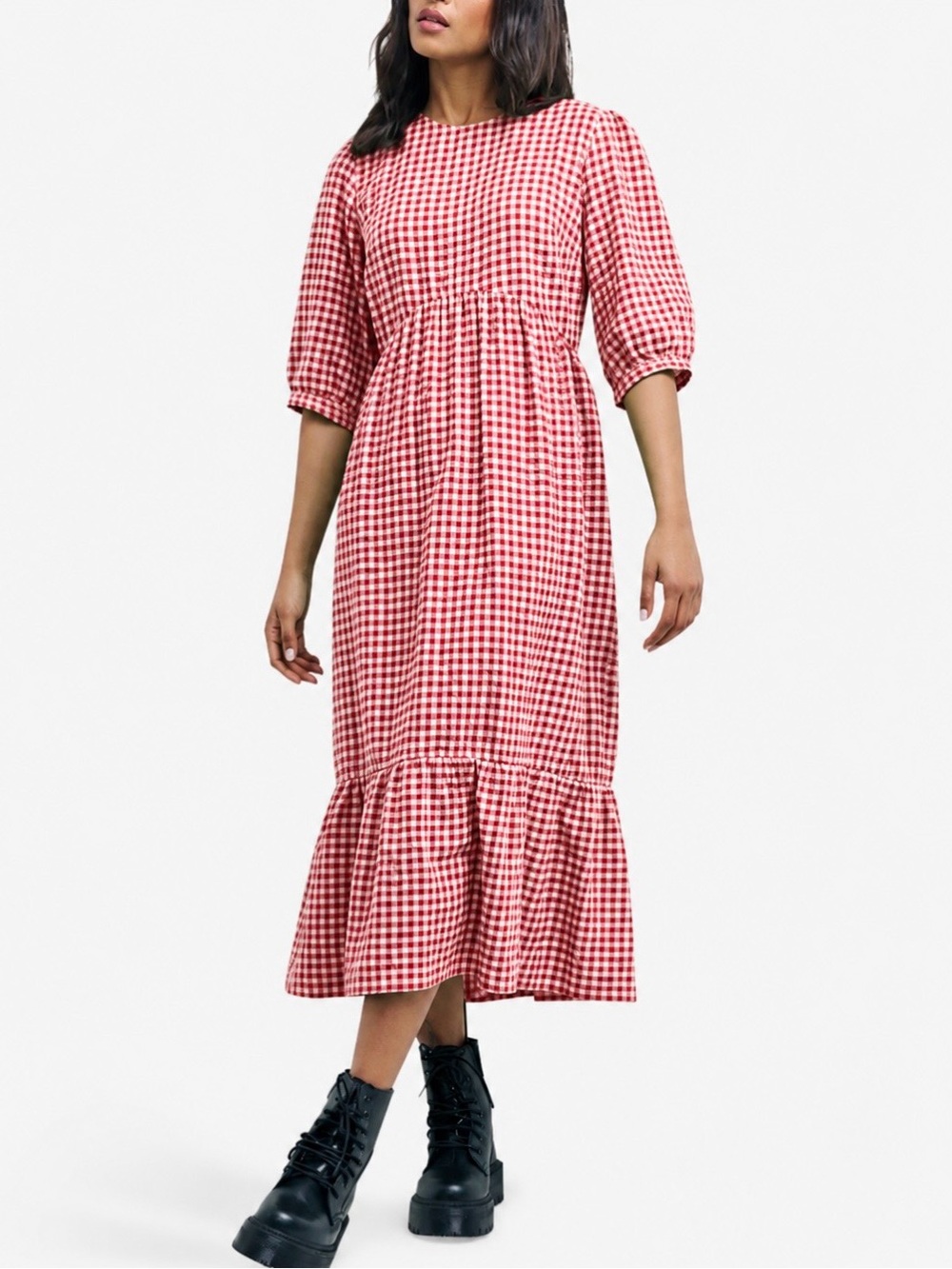 Nobody’s Child Gingham Rachel Midi Dress Red White Cottagecore Prairie Peasant